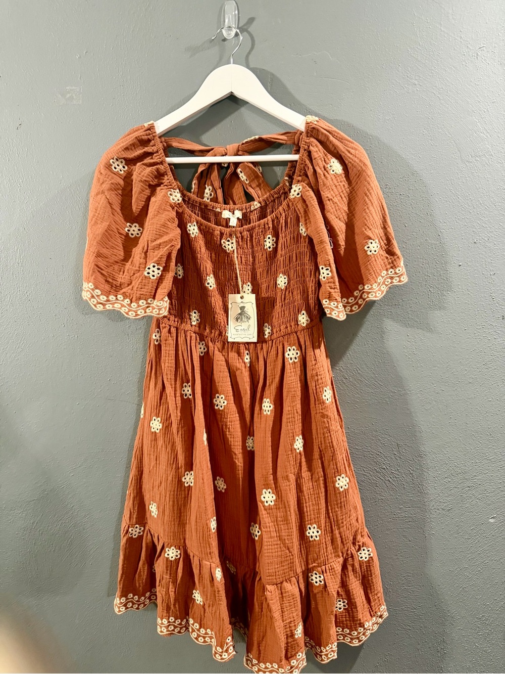 easel Rust Mini Dress with Cream Floral Embroidery